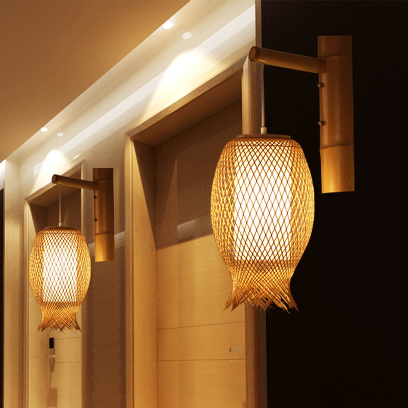 Bamboo Handcrafted Sconce Light Asia 1 Head Khaki Wall Mount Lighting with Inner Tube White Parchment Shade Khaki Clearhalo 'Wall Lamps & Sconces' 'Wall Lights' Lighting' 380868