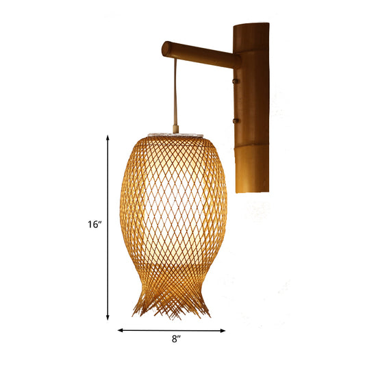 Bamboo Handcrafted Sconce Light Asia 1 Head Khaki Wall Mount Lighting with Inner Tube White Parchment Shade Clearhalo 'Wall Lamps & Sconces' 'Wall Lights' Lighting' 380872