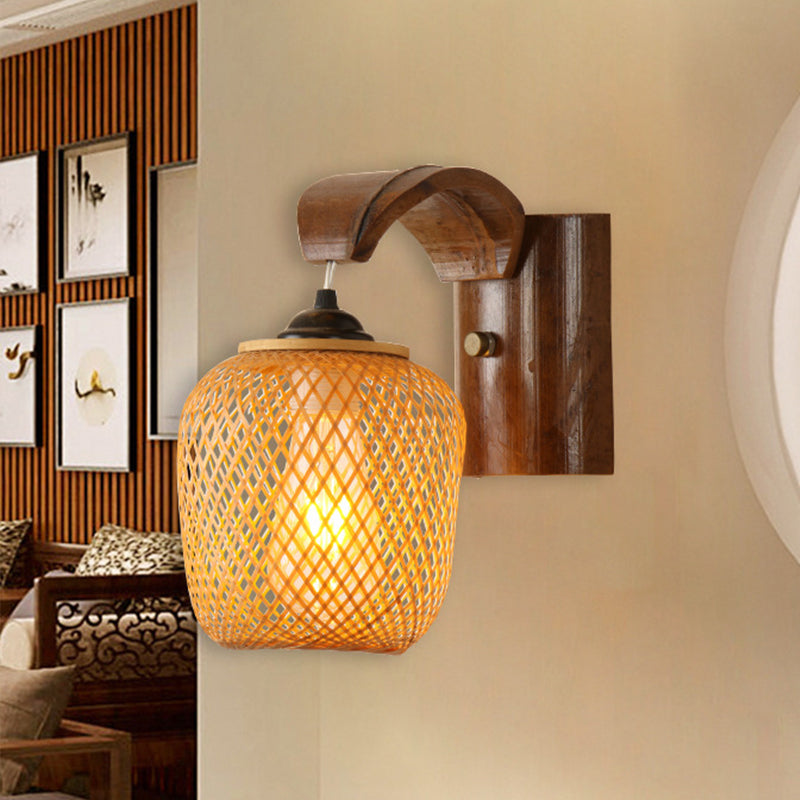 Japanese 1 Bulb Wall Lighting Brown Hand Twisted Sconce Light Fixture with Bamboo Shade Brown Clearhalo 'Wall Lamps & Sconces' 'Wall Lights' Lighting' 380888