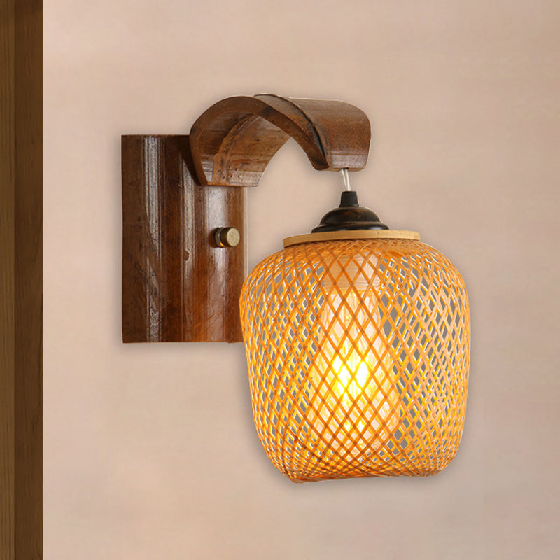 Japanese 1 Bulb Wall Lighting Brown Hand Twisted Sconce Light Fixture with Bamboo Shade Clearhalo 'Wall Lamps & Sconces' 'Wall Lights' Lighting' 380889