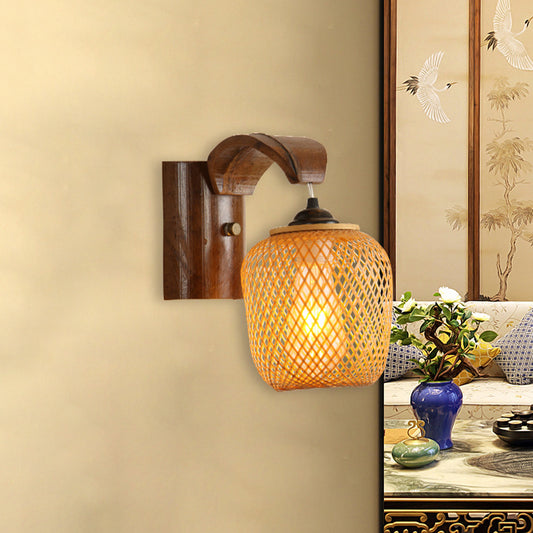 Japanese 1 Bulb Wall Lighting Brown Hand Twisted Sconce Light Fixture with Bamboo Shade Clearhalo 'Wall Lamps & Sconces' 'Wall Lights' Lighting' 380890