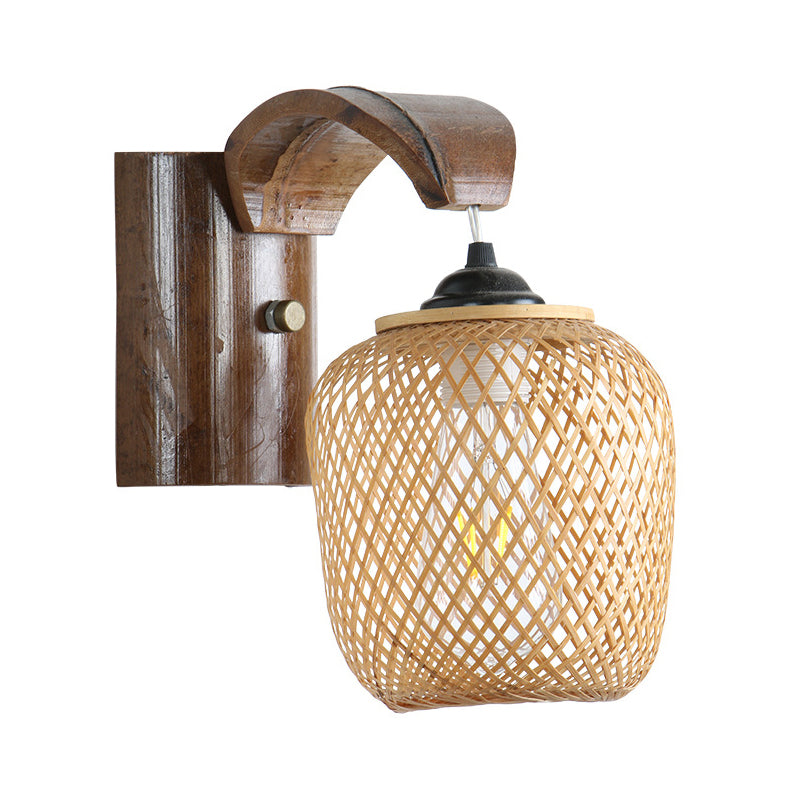 Japanese 1 Bulb Wall Lighting Brown Hand Twisted Sconce Light Fixture with Bamboo Shade Clearhalo 'Wall Lamps & Sconces' 'Wall Lights' Lighting' 380891