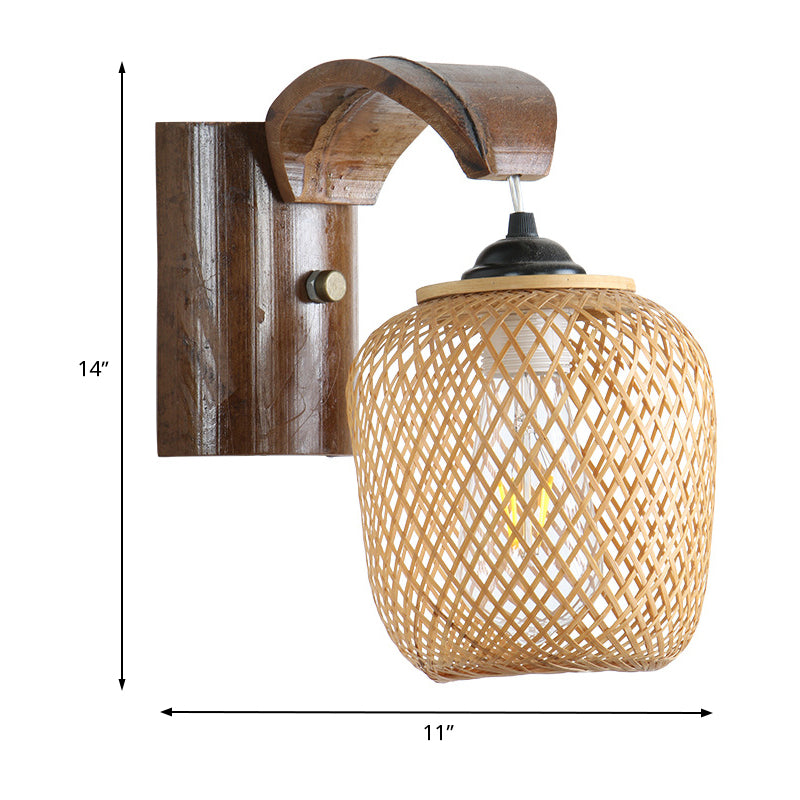 Japanese 1 Bulb Wall Lighting Brown Hand Twisted Sconce Light Fixture with Bamboo Shade Clearhalo 'Wall Lamps & Sconces' 'Wall Lights' Lighting' 380892