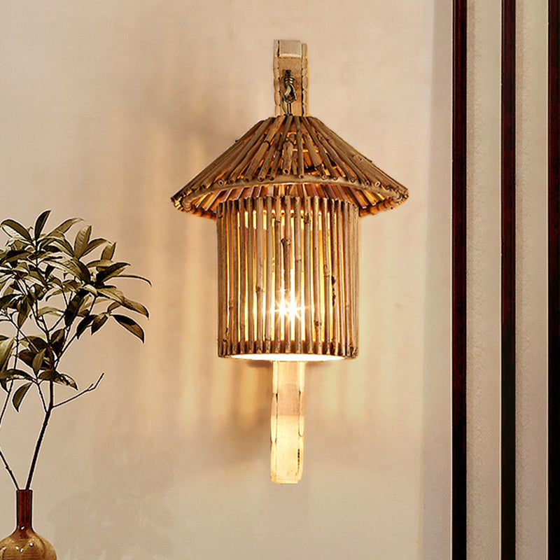 1 Head Restaurant Wall Lamp Asian Wood Sconce Light Fixture with Tower Bamboo Shade Wood Clearhalo 'Wall Lamps & Sconces' 'Wall Lights' Lighting' 380913