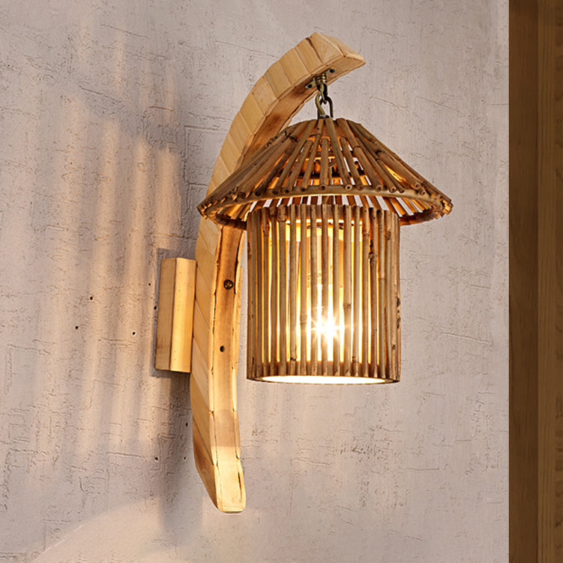 1 Head Restaurant Wall Lamp Asian Wood Sconce Light Fixture with Tower Bamboo Shade Clearhalo 'Wall Lamps & Sconces' 'Wall Lights' Lighting' 380914