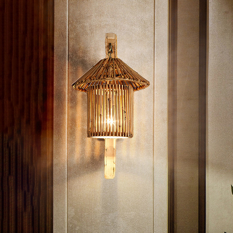 1 Head Restaurant Wall Lamp Asian Wood Sconce Light Fixture with Tower Bamboo Shade Clearhalo 'Wall Lamps & Sconces' 'Wall Lights' Lighting' 380915