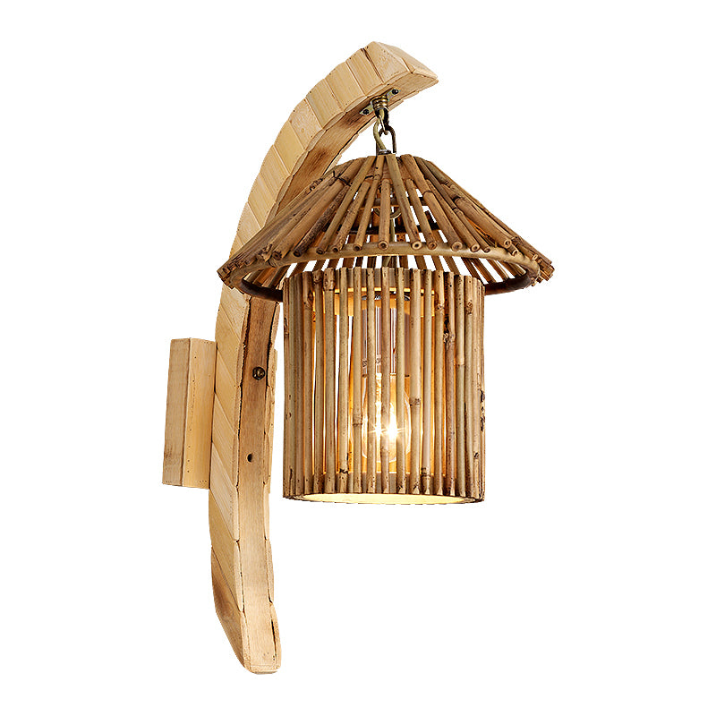 1 Head Restaurant Wall Lamp Asian Wood Sconce Light Fixture with Tower Bamboo Shade Clearhalo 'Wall Lamps & Sconces' 'Wall Lights' Lighting' 380916