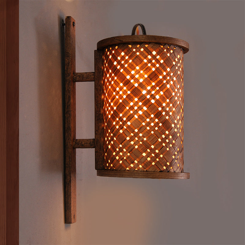 Cylinder Wall Lighting Asian Bamboo 1 Bulb Brown Sconce Light Fixture with Rectangle Backplate Brown Clearhalo 'Wall Lamps & Sconces' 'Wall Lights' Lighting' 380927