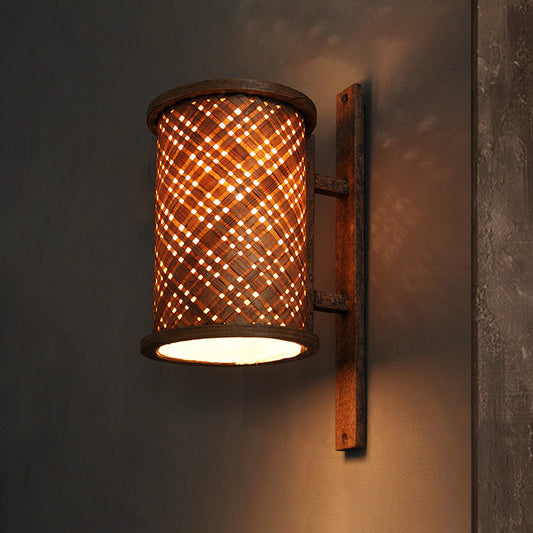 Cylinder Wall Lighting Asian Bamboo 1 Bulb Brown Sconce Light Fixture with Rectangle Backplate Clearhalo 'Wall Lamps & Sconces' 'Wall Lights' Lighting' 380929