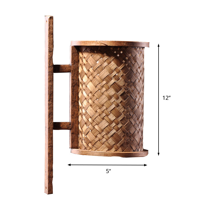 Cylinder Wall Lighting Asian Bamboo 1 Bulb Brown Sconce Light Fixture with Rectangle Backplate Clearhalo 'Wall Lamps & Sconces' 'Wall Lights' Lighting' 380931