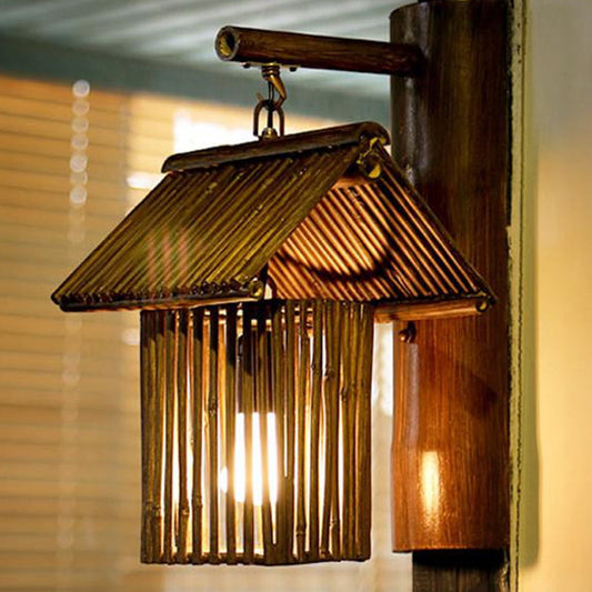 1 Bulb House Sconce Light Asian Bamboo Wall Mounted Lamp in Dark Coffee/Khaki with Half-Cylinder Backplate Clearhalo 'Wall Lamps & Sconces' 'Wall Lights' Lighting' 380938