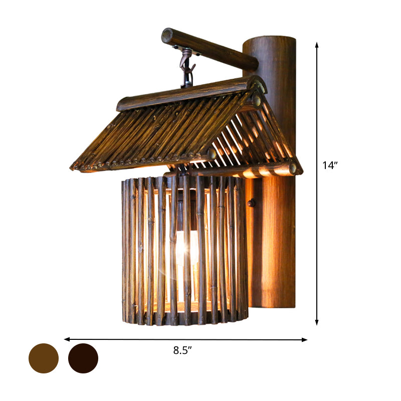 1 Bulb House Sconce Light Asian Bamboo Wall Mounted Lamp in Dark Coffee/Khaki with Half-Cylinder Backplate Clearhalo 'Wall Lamps & Sconces' 'Wall Lights' Lighting' 380941