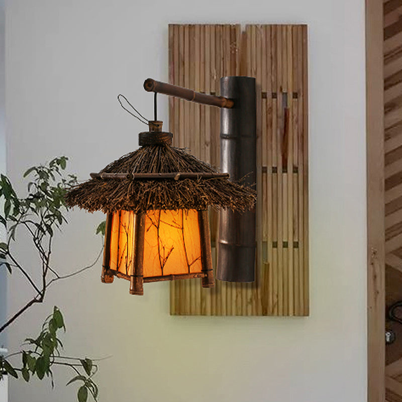 Japanese Hand-Worked Wall Lighting Bamboo 1 Bulb Sconce Light Fixture in Brown for Tearoom Brown Clearhalo 'Wall Lamps & Sconces' 'Wall Lights' Lighting' 380944