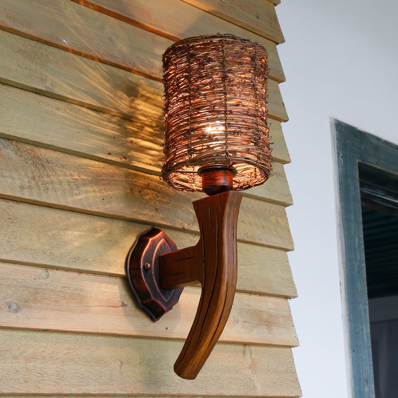 Armed Wood Wall Lamp Chinese 1 Bulb Brown Sconce Light Fixture with Cylinder Rattan Shade Brown Clearhalo 'Wall Lamps & Sconces' 'Wall Lights' Lighting' 380949