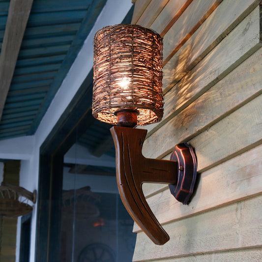 Armed Wood Wall Lamp Chinese 1 Bulb Brown Sconce Light Fixture with Cylinder Rattan Shade Clearhalo 'Wall Lamps & Sconces' 'Wall Lights' Lighting' 380951