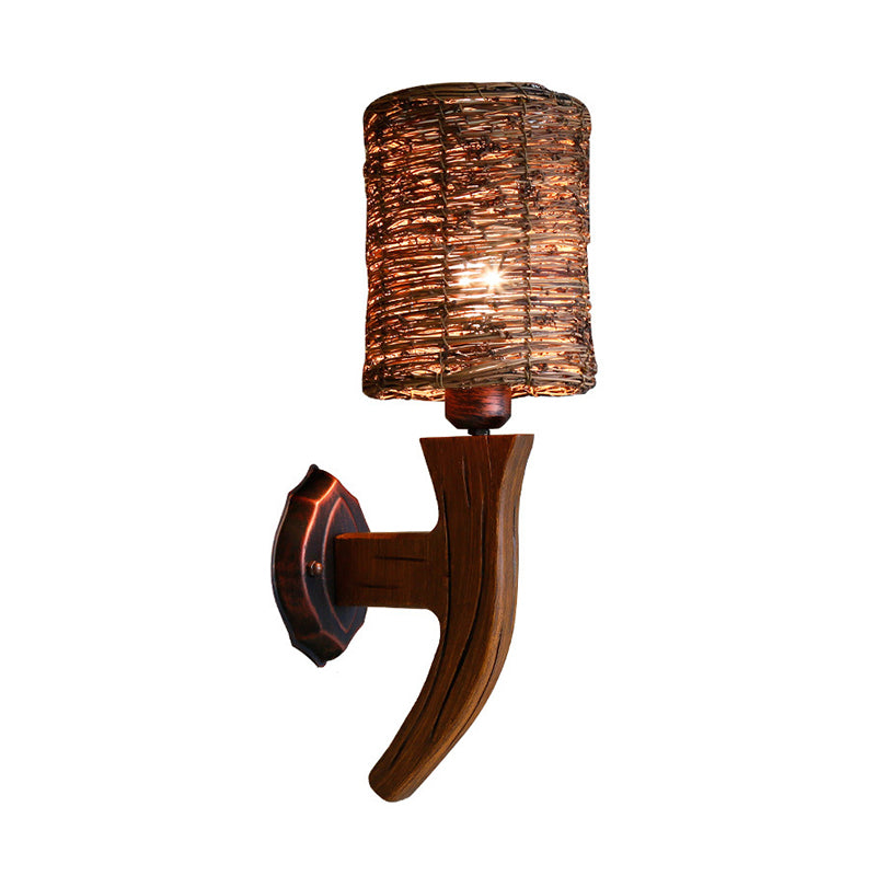 Armed Wood Wall Lamp Chinese 1 Bulb Brown Sconce Light Fixture with Cylinder Rattan Shade Clearhalo 'Wall Lamps & Sconces' 'Wall Lights' Lighting' 380952