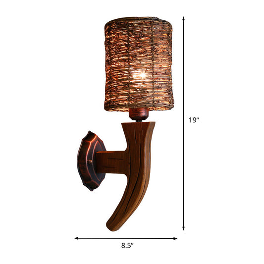 Armed Wood Wall Lamp Chinese 1 Bulb Brown Sconce Light Fixture with Cylinder Rattan Shade Clearhalo 'Wall Lamps & Sconces' 'Wall Lights' Lighting' 380953