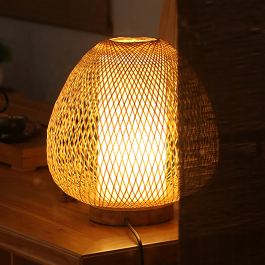 1 Head Bedroom Task Light Asian Wood Small Desk Lamp with Handcrafted Bamboo Shade Clearhalo 'Lamps' 'Table Lamps' Lighting' 380955