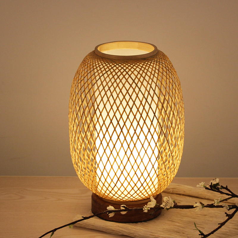 Lantern Desk Lamp Japanese Bamboo 1 Head Beige Task Light with Circular Wood Base Beige Clearhalo 'Lamps' 'Table Lamps' Lighting' 380959