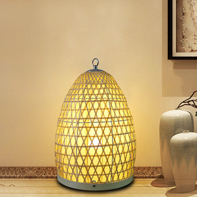 Japanese 1 Bulb Small Desk Lamp Beige Hand-Woven Task Lighting with Bamboo Shade Beige Clearhalo 'Lamps' 'Table Lamps' Lighting' 380991