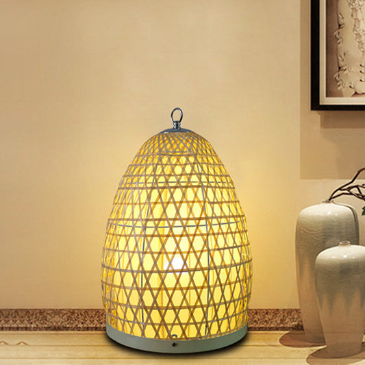 Japanese 1 Bulb Small Desk Lamp Beige Hand-Woven Task Lighting with Bamboo Shade Beige Clearhalo 'Lamps' 'Table Lamps' Lighting' 380991