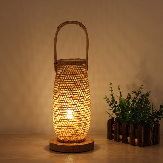 Beige Basket Desk Lamp Japanese 1 Head Bamboo Task Lighting with Circle Wood Base Beige Clearhalo 'Lamps' 'Table Lamps' Lighting' 381014