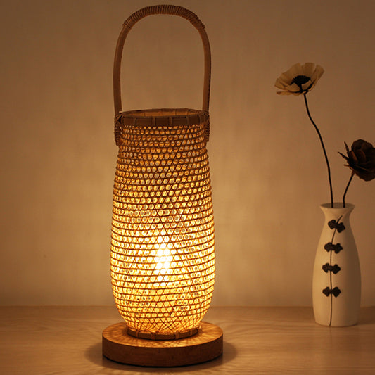 Beige Basket Desk Lamp Japanese 1 Head Bamboo Task Lighting with Circle Wood Base Clearhalo 'Lamps' 'Table Lamps' Lighting' 381015