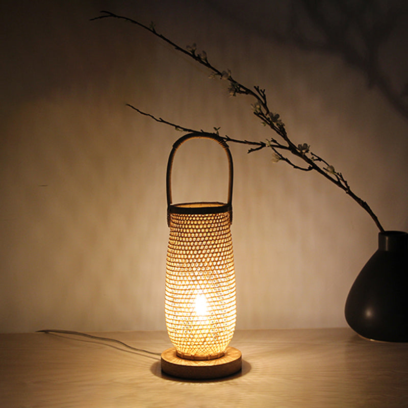 Beige Basket Desk Lamp Japanese 1 Head Bamboo Task Lighting with Circle Wood Base Clearhalo 'Lamps' 'Table Lamps' Lighting' 381016