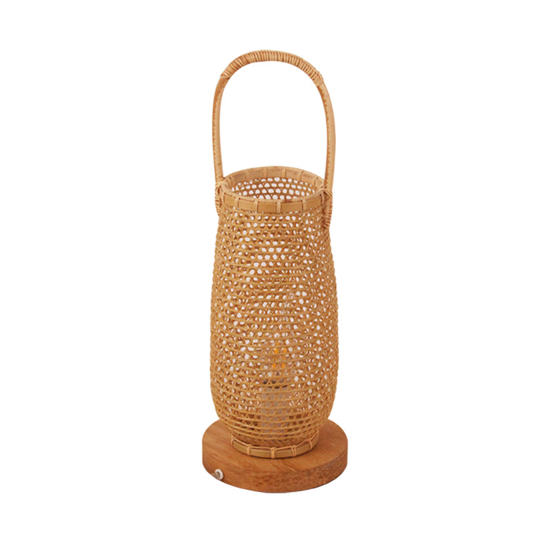 Beige Basket Desk Lamp Japanese 1 Head Bamboo Task Lighting with Circle Wood Base Clearhalo 'Lamps' 'Table Lamps' Lighting' 381017