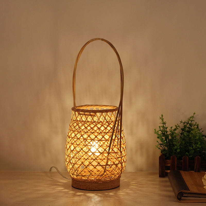 Bamboo Lantern Task Lighting Chinese 1 Head Flaxen Small Desk Lamp with Curved Arm Flaxen Clearhalo 'Lamps' 'Table Lamps' Lighting' 381028