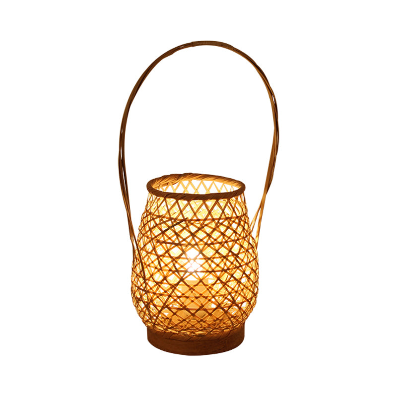 Bamboo Lantern Task Lighting Chinese 1 Head Flaxen Small Desk Lamp with Curved Arm Clearhalo 'Lamps' 'Table Lamps' Lighting' 381031