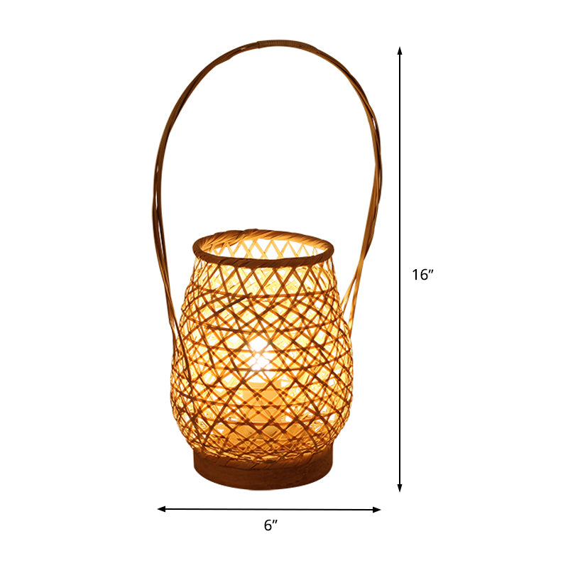 Bamboo Lantern Task Lighting Chinese 1 Head Flaxen Small Desk Lamp with Curved Arm Clearhalo 'Lamps' 'Table Lamps' Lighting' 381032