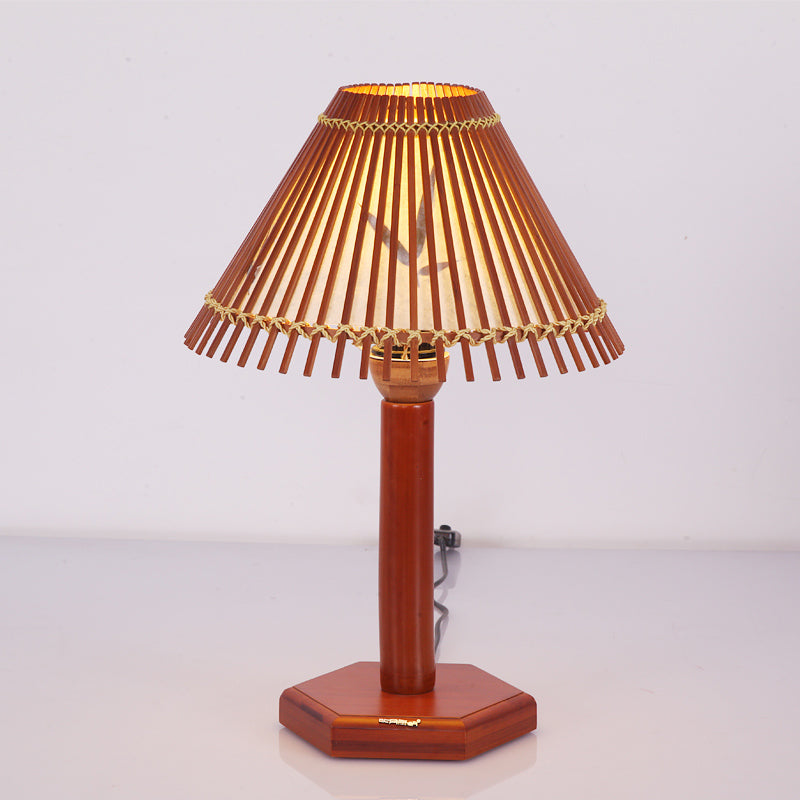 Trumpet Bamboo Desk Lamp Asian 1 Bulb Red Brown Task Lighting with Hexagon Wood Base Red Brown Clearhalo 'Lamps' 'Table Lamps' Lighting' 381043