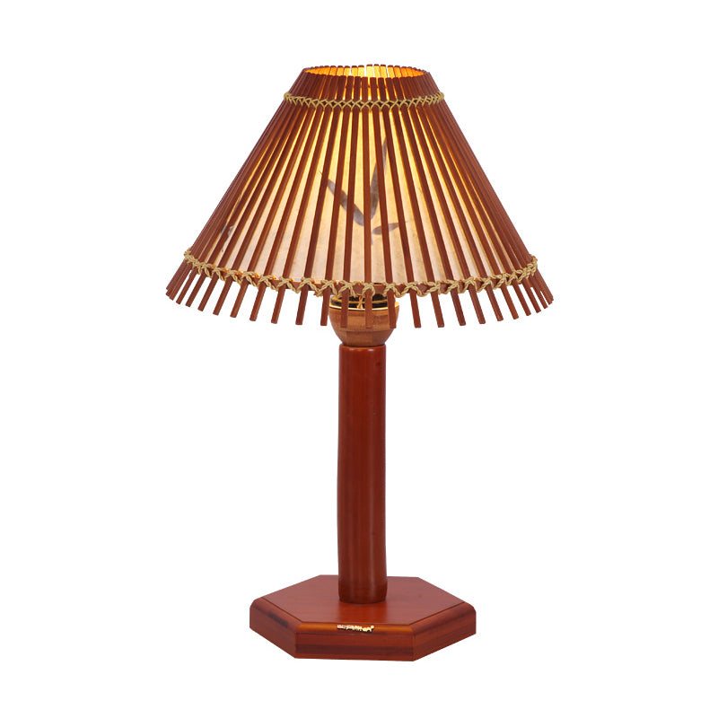 Trumpet Bamboo Desk Lamp Asian 1 Bulb Red Brown Task Lighting with Hexagon Wood Base Clearhalo 'Lamps' 'Table Lamps' Lighting' 381046