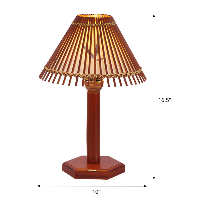 Trumpet Bamboo Desk Lamp Asian 1 Bulb Red Brown Task Lighting with Hexagon Wood Base Clearhalo 'Lamps' 'Table Lamps' Lighting' 381047