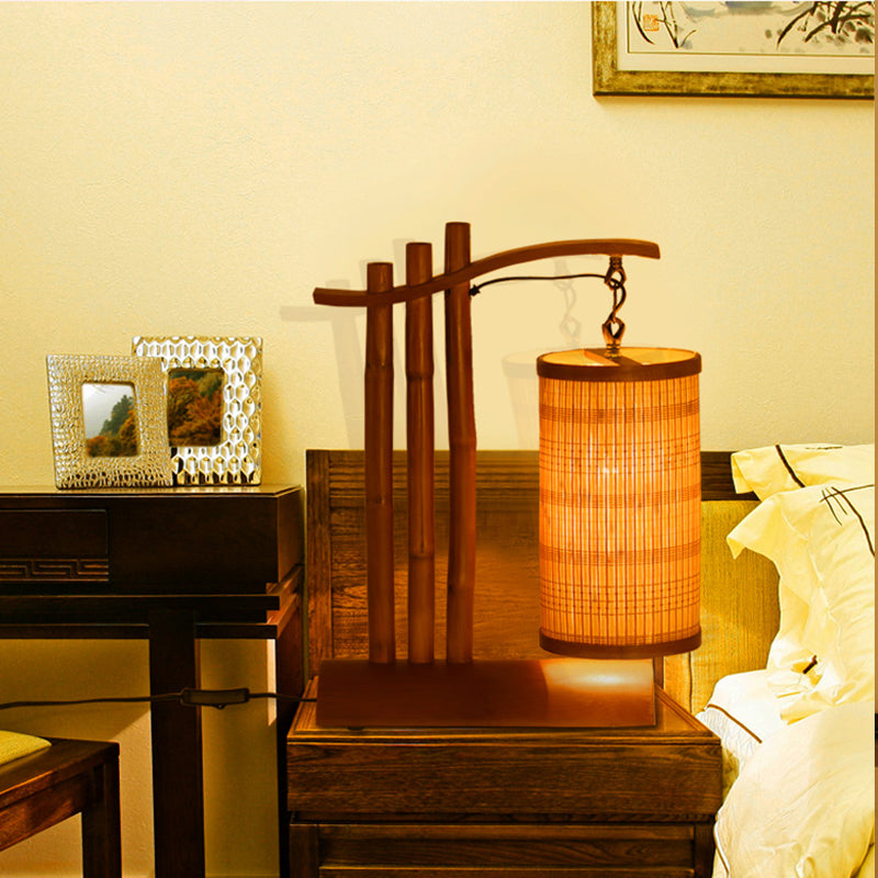 Bamboo Barrel Desk Lamp Chinese 1 Head Red Brown Task Light with Half-Cylinder Base Red Brown Clearhalo 'Lamps' 'Table Lamps' Lighting' 381073