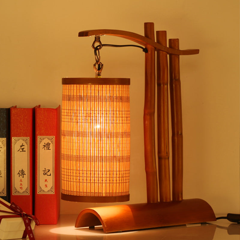 Bamboo Barrel Desk Lamp Chinese 1 Head Red Brown Task Light with Half-Cylinder Base Clearhalo 'Lamps' 'Table Lamps' Lighting' 381074