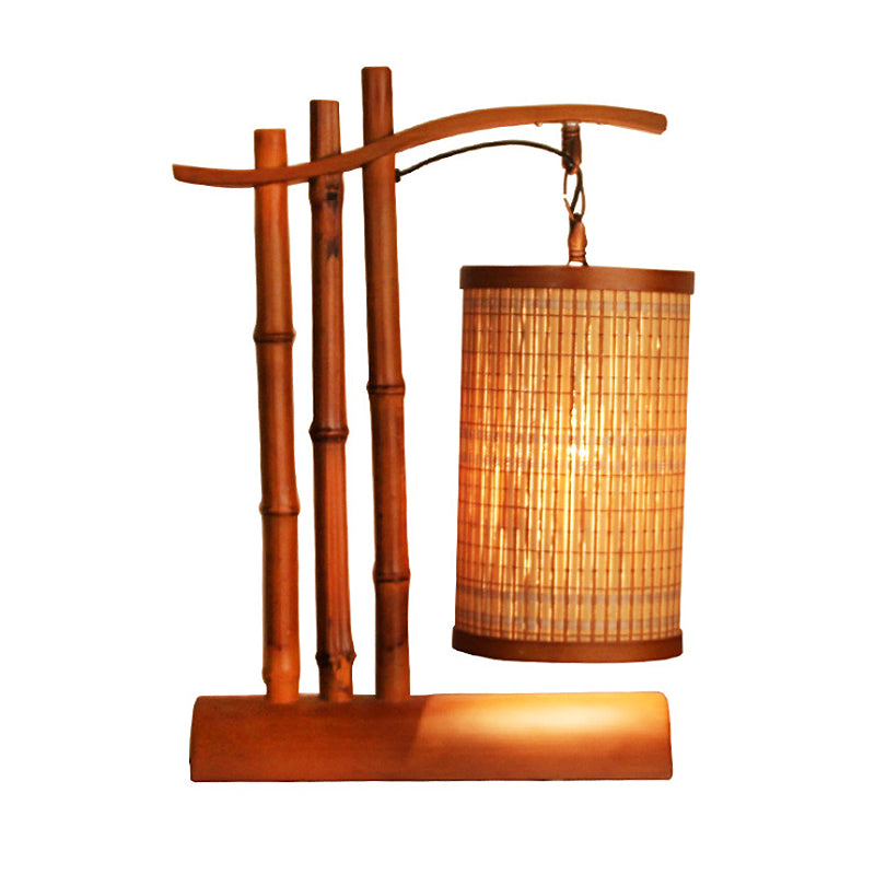 Bamboo Barrel Desk Lamp Chinese 1 Head Red Brown Task Light with Half-Cylinder Base Clearhalo 'Lamps' 'Table Lamps' Lighting' 381076