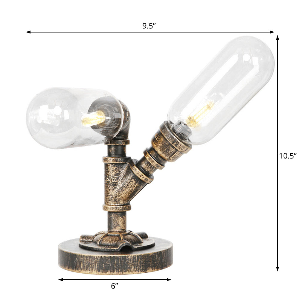 Industrial Oval Shade Desk Light 2-Bulb Clear/Amber Glass Table Lamp in Aged Bronze for Living Room Clearhalo 'Lamps' 'Table Lamps' Lighting' 381182