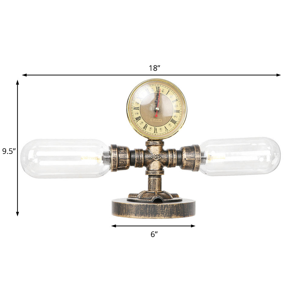 Industrial Oval Shade Desk Light 2-Bulb Clear/Amber Glass Table Lamp in Aged Bronze for Living Room Clearhalo 'Lamps' 'Table Lamps' Lighting' 381190