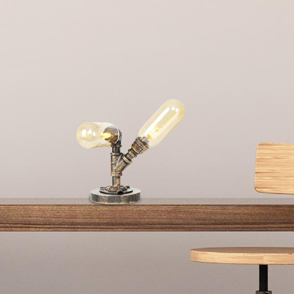 Industrial Oval Shade Desk Light 2-Bulb Clear/Amber Glass Table Lamp in Aged Bronze for Living Room Amber B Clearhalo 'Lamps' 'Table Lamps' Lighting' 381191