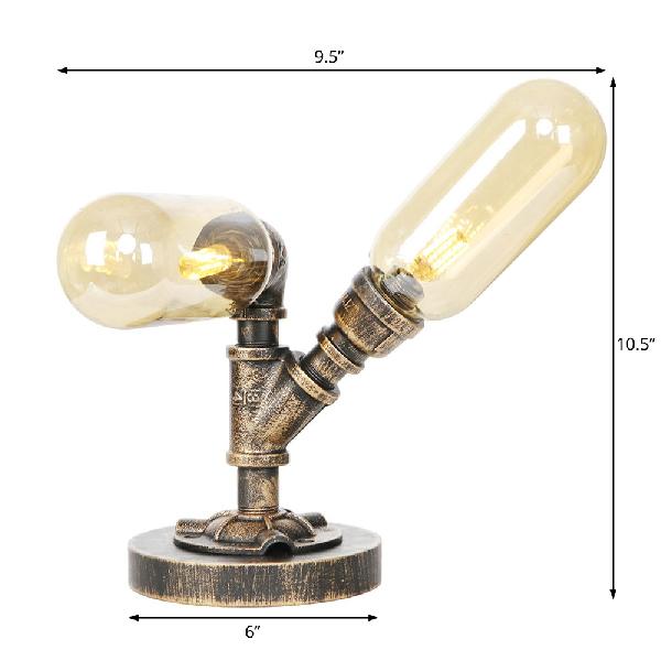 Industrial Oval Shade Desk Light 2-Bulb Clear/Amber Glass Table Lamp in Aged Bronze for Living Room Clearhalo 'Lamps' 'Table Lamps' Lighting' 381194