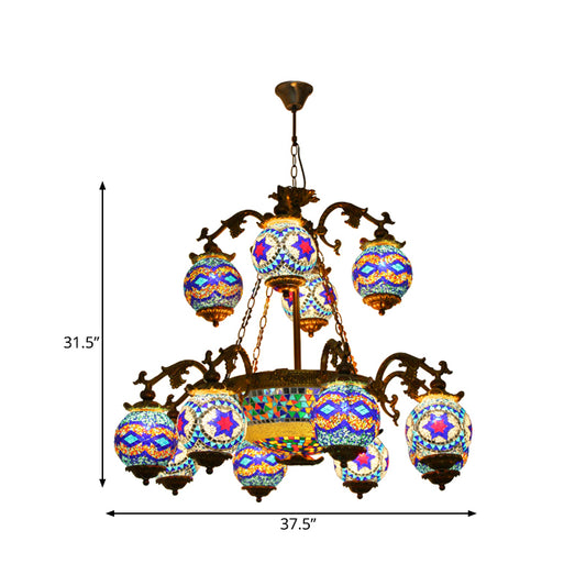 4/9/13 Bulbs Chandelier Lighting Traditional Radial Stained Glass Ceiling Hang Fixture in Brass with Round Canopy Clearhalo 'Ceiling Lights' 'Chandeliers' Lighting' options 381278