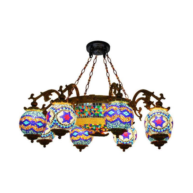 4/9/13 Bulbs Chandelier Lighting Traditional Radial Stained Glass Ceiling Hang Fixture in Brass with Round Canopy 9 Brass Clearhalo 'Ceiling Lights' 'Chandeliers' Lighting' options 381279_27d34276-63ea-4fad-a68c-fc2f87bf464e