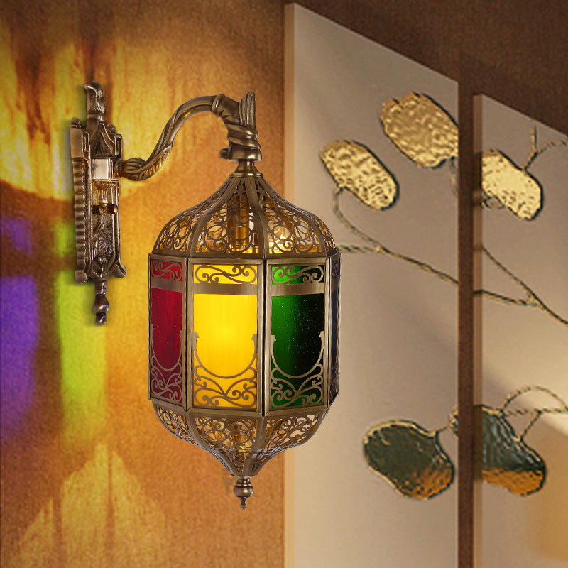 1 Head Lantern Wall Lamp Decorative Brass Metal Sconce Light Fixture with Curved Arm Brass Clearhalo 'Wall Lamps & Sconces' 'Wall Lights' Lighting' 381291
