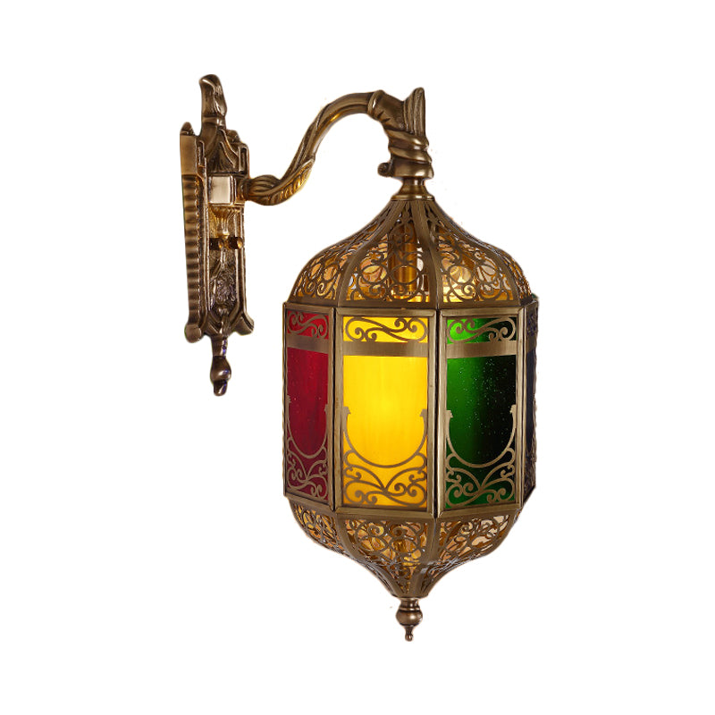 1 Head Lantern Wall Lamp Decorative Brass Metal Sconce Light Fixture with Curved Arm Clearhalo 'Wall Lamps & Sconces' 'Wall Lights' Lighting' 381294