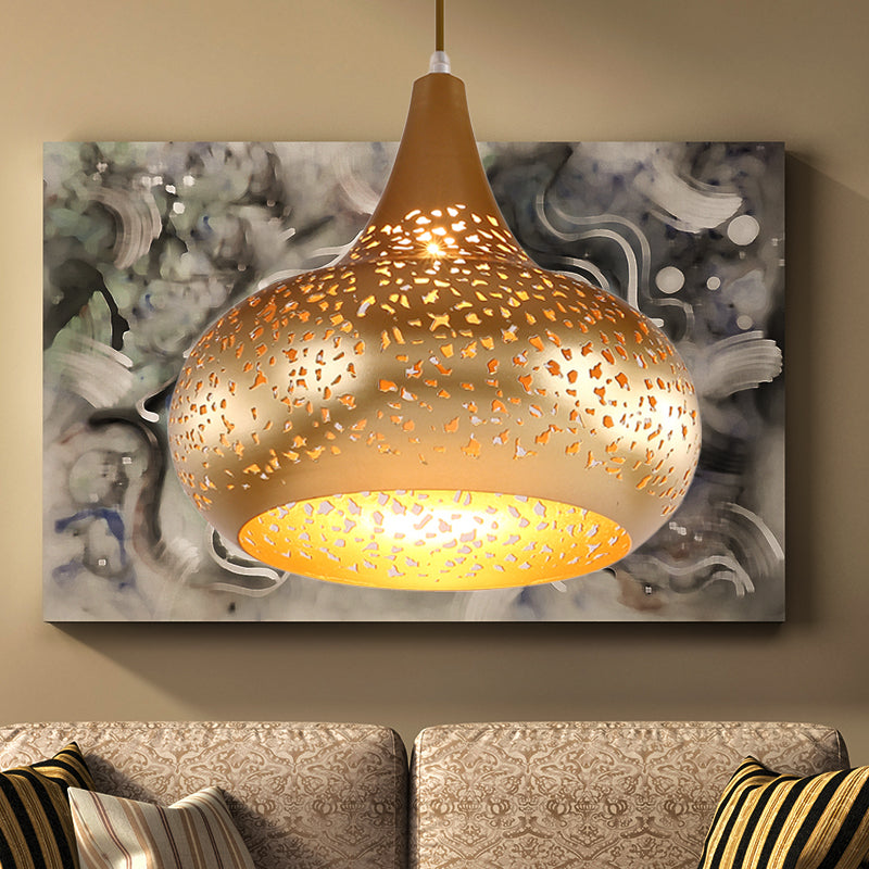 Droplet Hanging Light Traditionary Metal 1 Bulb Pendant Lighting Fixture in Silver/Bronze/Gold for Bedroom Clearhalo 'Ceiling Lights' 'Pendant Lights' 'Pendants' Lighting' 381333