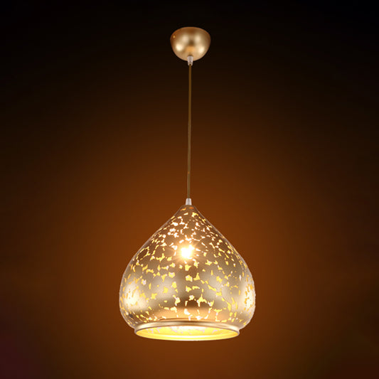 Arab Carved Pendant Light Metal 1 Bulb Suspended Lighting Fixture in Silver/Bronze/Brass for Bedroom Clearhalo 'Ceiling Lights' 'Pendant Lights' 'Pendants' Lighting' 381372
