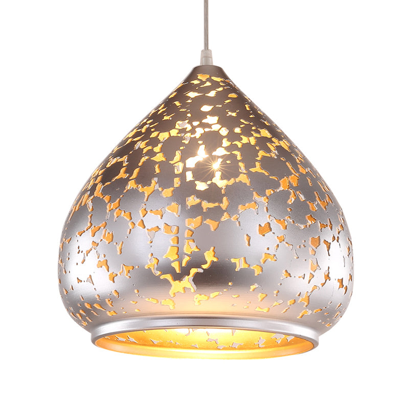 Arab Carved Pendant Light Metal 1 Bulb Suspended Lighting Fixture in Silver/Bronze/Brass for Bedroom Clearhalo 'Ceiling Lights' 'Pendant Lights' 'Pendants' Lighting' 381374