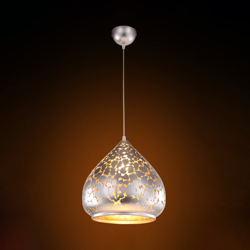 Arab Carved Pendant Light Metal 1 Bulb Suspended Lighting Fixture in Silver/Bronze/Brass for Bedroom Clearhalo 'Ceiling Lights' 'Pendant Lights' 'Pendants' Lighting' 381375